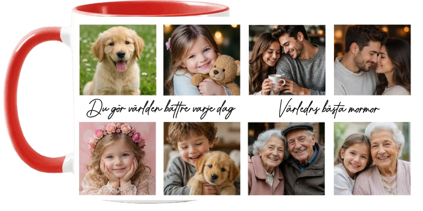 Personlig fotomugg 8 bilder med namn och text