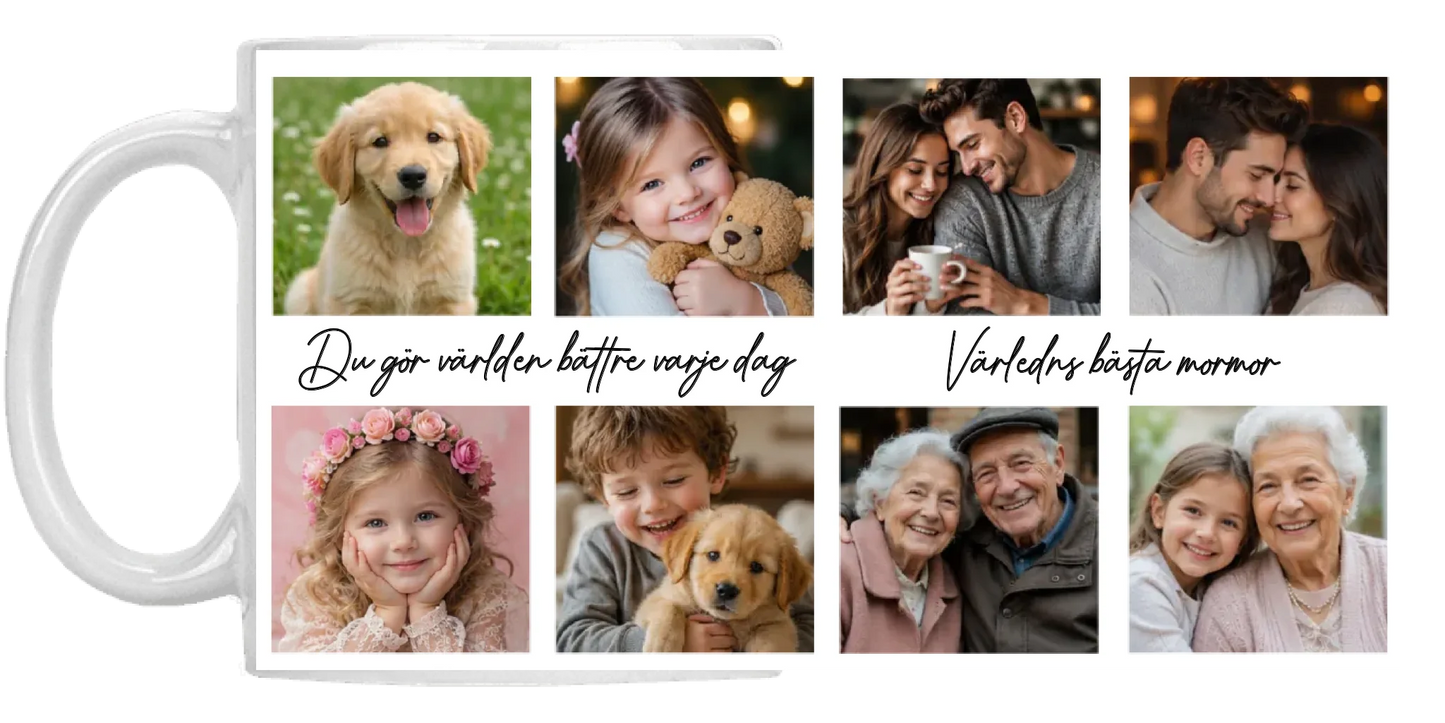 Personlig fotomugg 8 bilder med namn och text